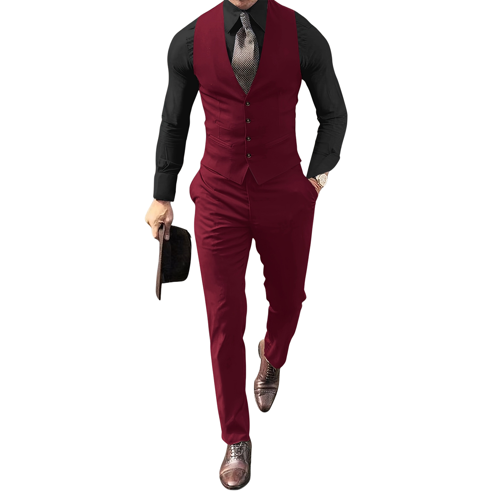 Men Formal Wear Outfits - Men Burgundy 2 Piece Vest Suit