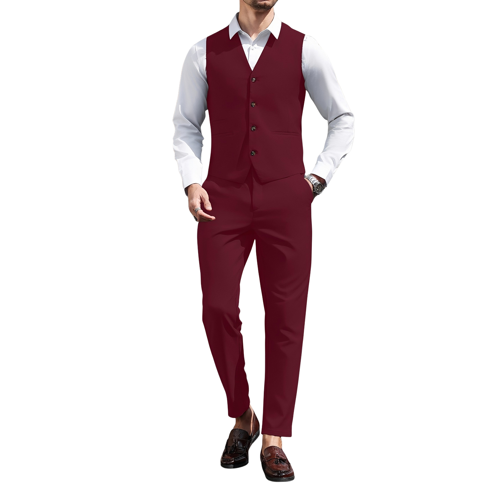 Men Burgundy 2 Piece Vest Suit - Men Formal Wear Outfits ulasan dan harga